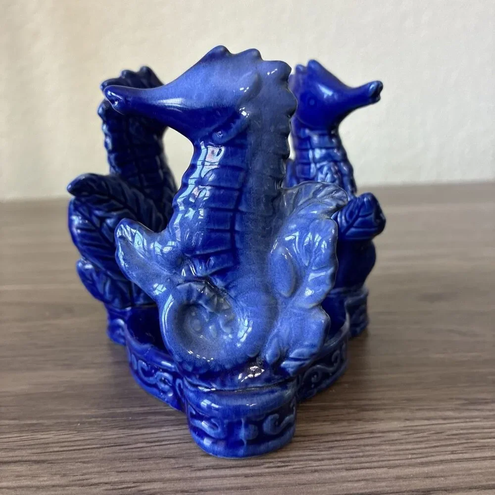 VTG Cobalt Blue Glazed Ceramic Tea/ Votive Candle Holder, 3 Seahorses, Coastal